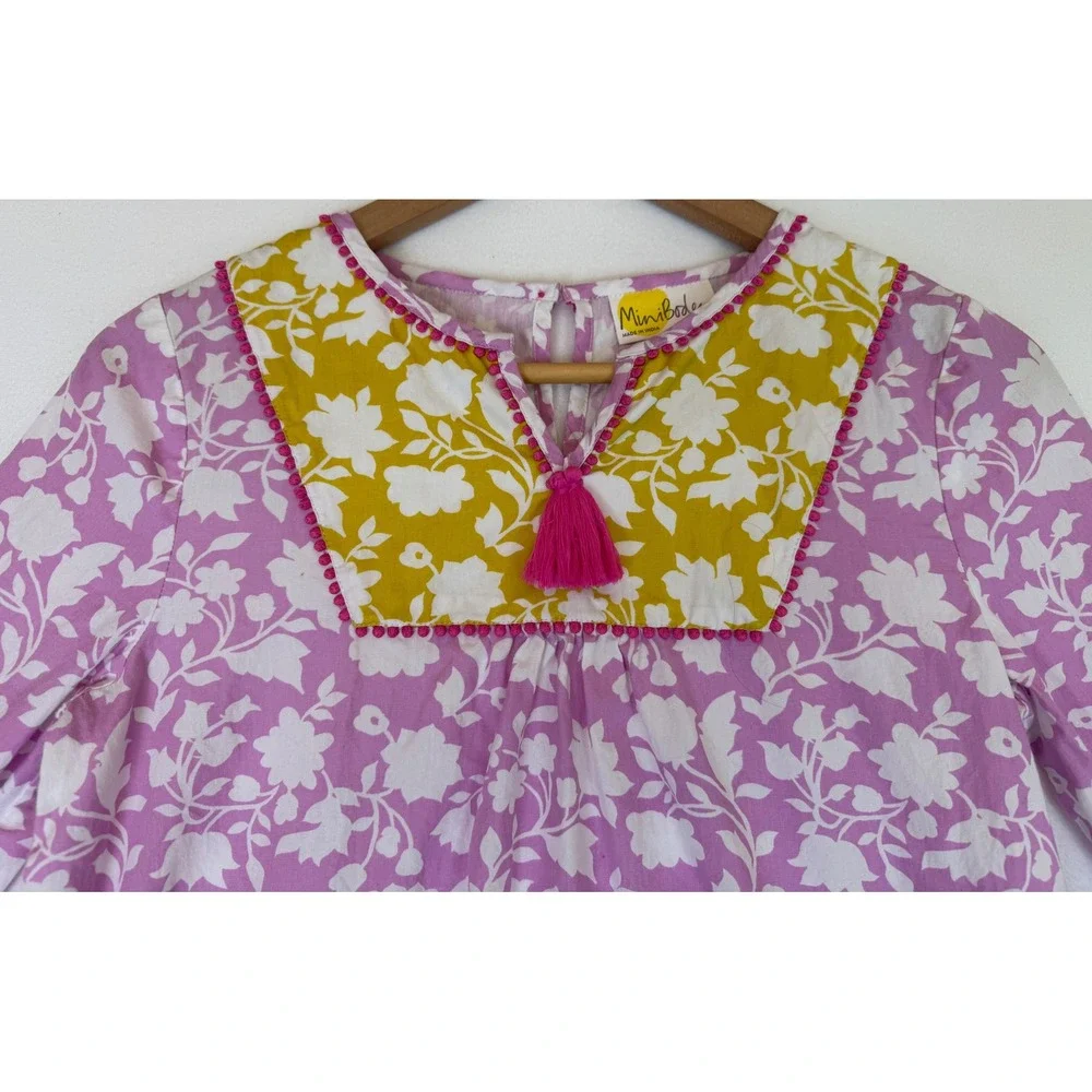 Mini Boden Pink/Green/White Floral Shift Dress‎ Tassel Pompom Trim Sz 11-12Y